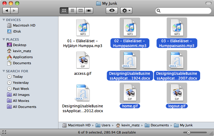 Similarity_Finder_2 Mac OS "Finder" window with six of nine icons selected; the selected icons are highlighted